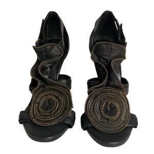 BCBGMAXAZRIA Black Leather Heels Sandals Zipper Rosette Stiletto Size 6.5